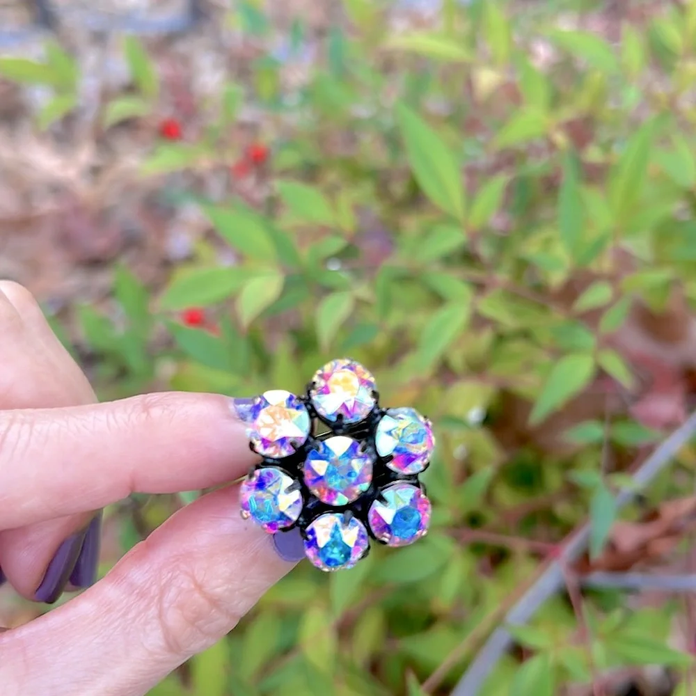 Aurora Borealis Antique Brass Crystal Flower Statement Cocktail Ring